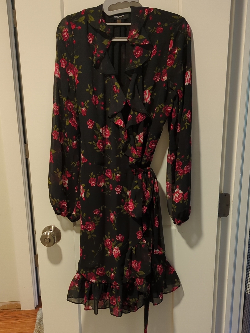Nine West Black Floral Ruffle Wrap Dress with Pink Roses